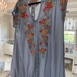 Johnny Was dusty blue silky embroidered tunic
